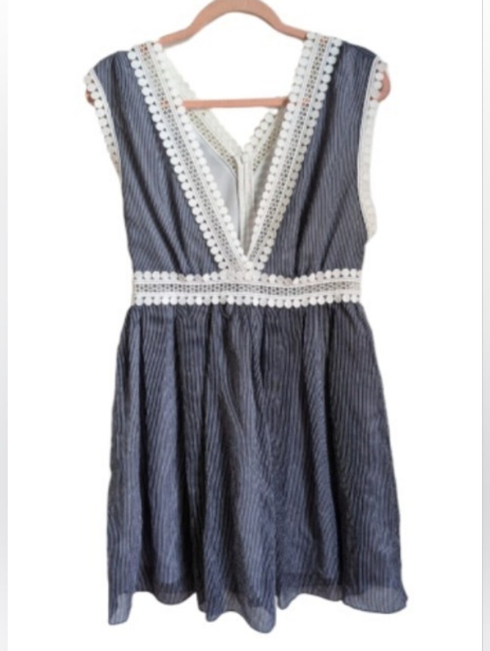 SANDRO Navy White Be Neck Lace French Chic Classic Pinstripe Mini Dress Small